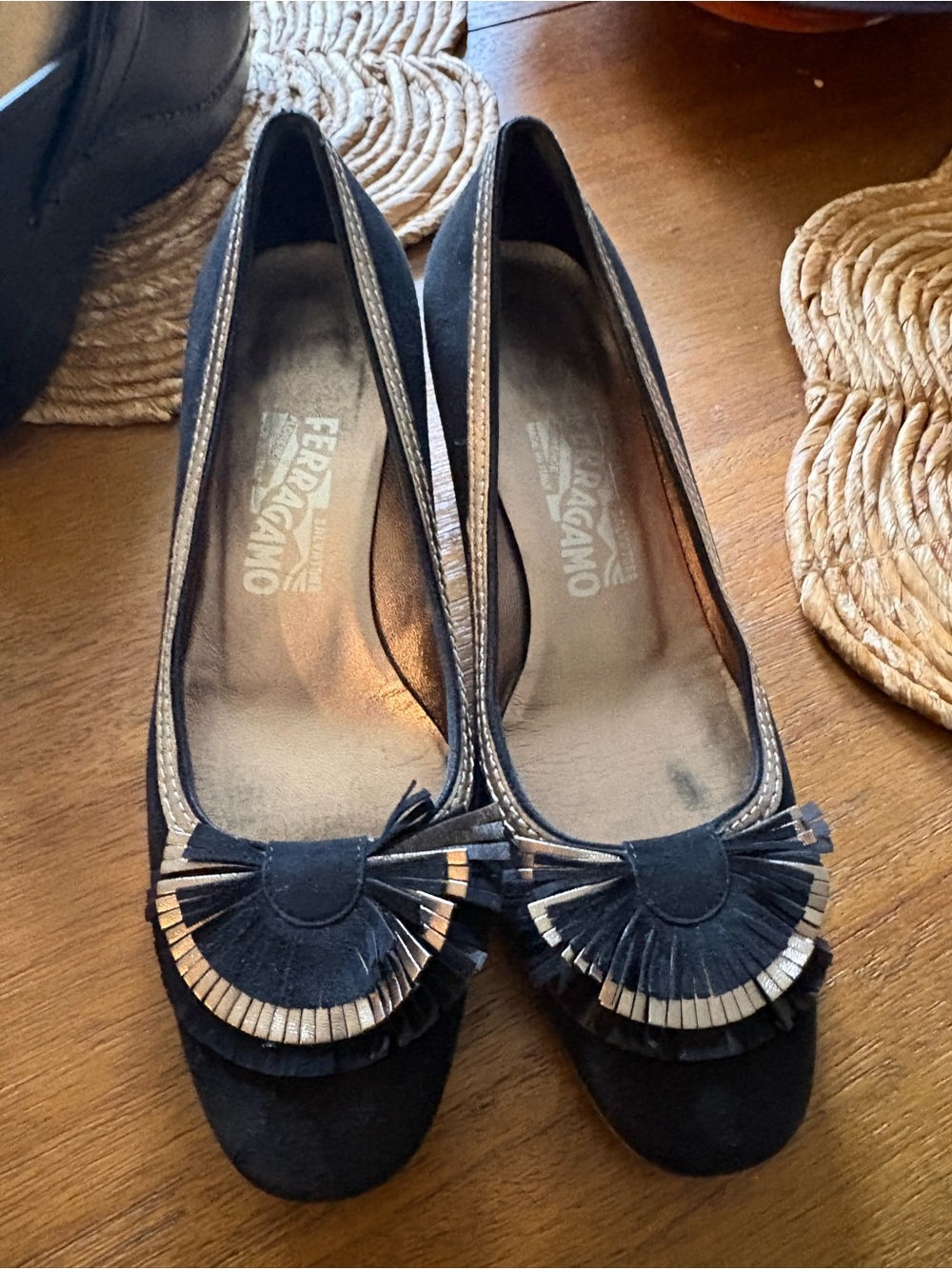 Salvatore Ferragamo Black Suede Fringe shoes with Metallic Trim